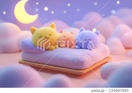 楽しい夢を見て眠る可愛い猫たち（ファンタジー）／まみおデザイン癒しの動物シリーズ 133607893