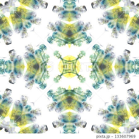 Abstract pattern with symmetrical watercolor shapes in blue, green and yellow tones. Soft blurred textures and mirrored elements create a decorative artistic background for modern design projects. Abstract pattern with symmetrical watercolor shapes in blue, green and yellow tones. Soft blurred textures and mirrored elements create a decorative artistic background for modern design projects. 133607969