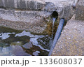 Sewage wastewater, dirty and foamy with chemicals, discharge of industrial into a city canal. 133608037