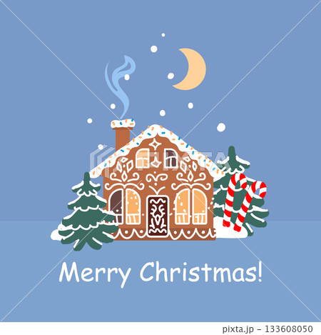 Gingerbread house with candy canes and icing in snowy winter scene, cute festive Christmas illustration with trees and moon, sweet holiday cookie home vector greeting card design Gingerbread house with candy canes and icing in snowy winter scene, cute festive Christmas illustration with trees and moon, sweet holiday cookie home vector greeting card design 133608050