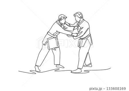 Continuous one line drawing two men are locked in close-quarters grapple for collar and sleeve. Strategic and focused intensity of the Judo combat. Single line draw design vector graphic illustration Continuous one line drawing two men are locked in close-quarters grapple for collar and sleeve. Strategic and focused intensity of the Judo combat. Single line draw design vector graphic illustration 133608169