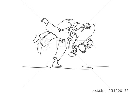 Continuous one line drawing two men are performing dynamic throw with one executing a hip-and-shoulder technique. Power, balance, and fluid motion. Single line draw design vector graphic illustration 133608175