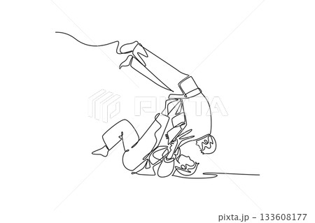 Single continuous line drawing two men are performing throw or sacrifice technique, with one figure inverted in mid-air during execution of Judo sport. One line draw graphic design vector illustration 133608177