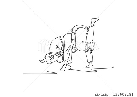 Single continuous line drawing two women performing dynamic throw or hip lift, with one figure inverted in mid-air during execution of Judo technique. One line draw graphic design vector illustration 133608181