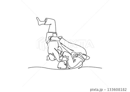 Single continuous line drawing two women are locked in close-quarters grapple on the ground, with one performing inverted roll over the other. Dynamic one line draw graphic design vector illustration 133608182