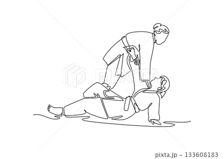 Single continuous line drawing two women are locked in close-quarters grapple on the ground with one applying leg control or choke hold over the other. One line draw graphic design vector illustration 133608183