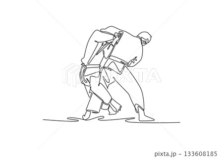 Single one line drawing Two men are locked in close-quarters grapple with one executing hip-and-leg throw setup. Technique and strength of Judo. Continuous line draw design graphic vector illustration 133608185