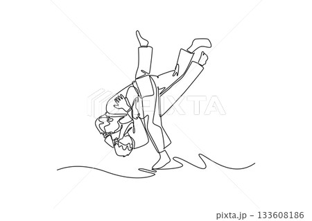Single one line drawing two men are performing dynamic throw, with one figure inverted in mid-air execution of Judo or martial arts technique. Continuous line draw design graphic vector illustration Single one line drawing two men are performing dynamic throw, with one figure inverted in mid-air execution of Judo or martial arts technique. Continuous line draw design graphic vector illustration 133608186