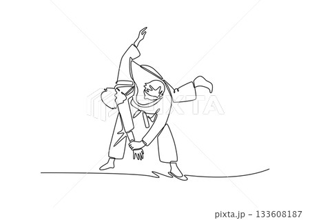 Single one line drawing two men are performing sacrifice throw in Judo, with one figure unbalancing other. Fluid motion and powerful technique. Continuous line draw design graphic vector illustration Single one line drawing two men are performing sacrifice throw in Judo, with one figure unbalancing other. Fluid motion and powerful technique. Continuous line draw design graphic vector illustration 133608187