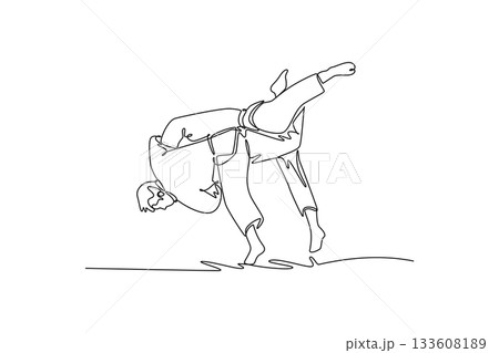 Single one line drawing two men are performing dynamic hip throw or reaping technique, with one figure lifting the other off the ground. Modern continuous line draw design graphic vector illustration Single one line drawing two men are performing dynamic hip throw or reaping technique, with one figure lifting the other off the ground. Modern continuous line draw design graphic vector illustration 133608189