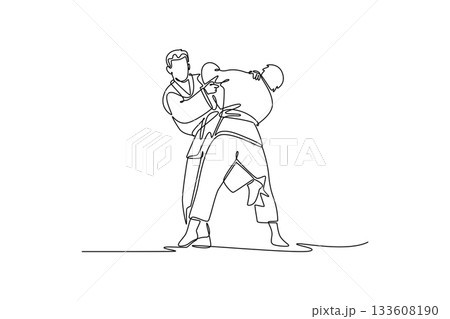 Single one line drawing two men are locked in close-quarters grapple with one executing hip throw setup. Dynamic technique and strength of Judo. Continuous line draw design graphic vector illustration Single one line drawing two men are locked in close-quarters grapple with one executing hip throw setup. Dynamic technique and strength of Judo. Continuous line draw design graphic vector illustration 133608190
