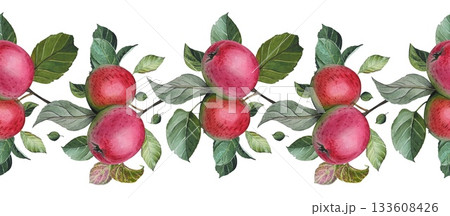 Seamless border with ripe red apples and leaves. Watercolor illustration. Seamless border with ripe red apples and leaves. Watercolor illustration. 133608426