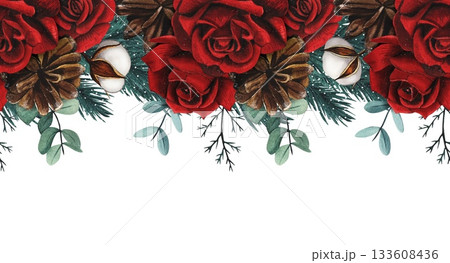 Hand drawn Christmas seamless border with red roses, fir cones, cotton. Watercolor illustration. Hand drawn Christmas seamless border with red roses, fir cones, cotton. Watercolor illustration. 133608436