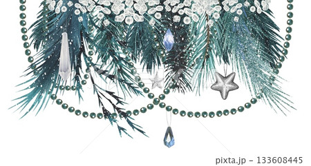 Hand drawn winter border with fir branches decorated with green beads, crystals. Watercolor illustration. Hand drawn winter border with fir branches decorated with green beads, crystals. Watercolor illustration. 133608445