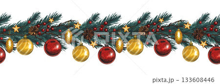 Hand drawn seamless border with fir branches, red berries, and red and yellow Christmas tree balls. Watercolor illustration. 133608446