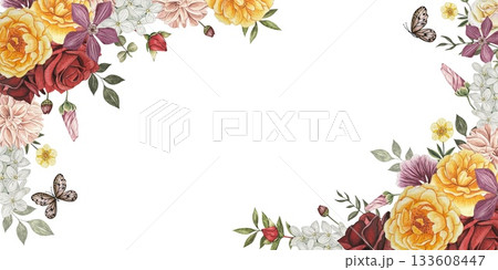 Border with autumn flowers. Red, white, yellow roses, lily, dahlia, leaves. Hand drawn watercolor illustration. Border with autumn flowers. Red, white, yellow roses, lily, dahlia, leaves. Hand drawn watercolor illustration. 133608447