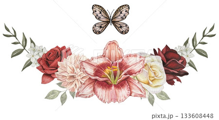 Bouquet with  white, red roses, lily, clementis, leaves, butterfly. Hand drawn watercolor illustration. 133608448