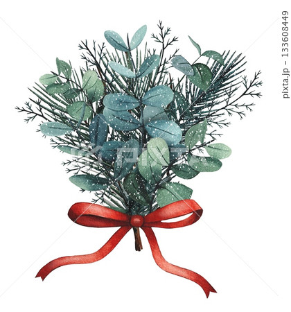 Hand drawn Christmas bouquet with  red bow,  eucalyptus, fir branches. Watercolor illustration. 133608449