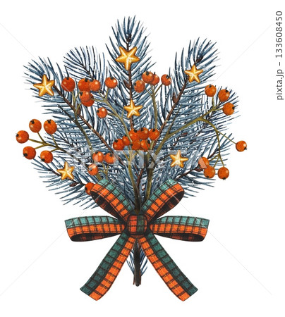 Hand drawn Christmas bouquet with  orange berries, bow, stars, fir branches. Watercolor illustration. 133608450