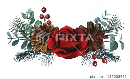 Hand drawn Christmas bouquet with red roses, fir cones, eacalyptus, spruce branches, and berries. Watercolor illustration. 133608451