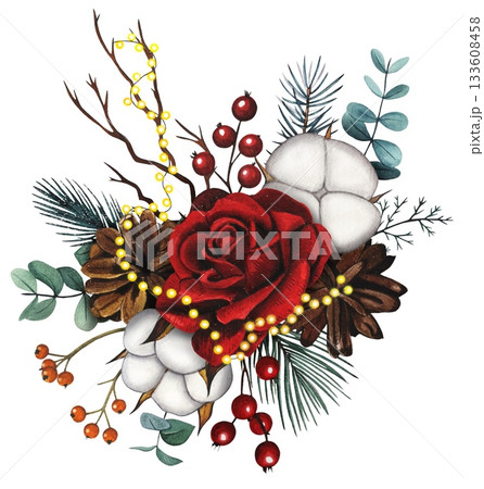 Hand drawn Christmas bouquet with red rose, fir cones, eacalyptus, cotton, red berries. Watercolor illustration. Hand drawn Christmas bouquet with red rose, fir cones, eacalyptus, cotton, red berries. Watercolor illustration. 133608458