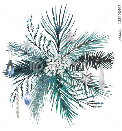 Hand drawn winter bouquet with fir branches decorated with  crystals, and stars. Watercolor illustration. 133608467