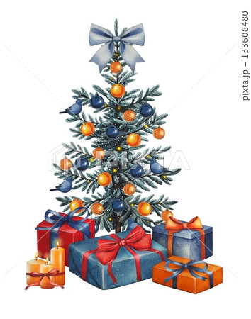 Hand drawn decorated Christmas tree with a blue bow, gift boxes, candles. Watercolor illustration. 133608480