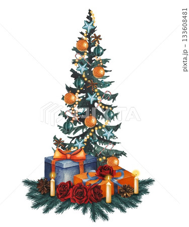 Hand drawn decorated Christmas tree with a gift boxes, candles, red roses. Watercolor illustration. Hand drawn decorated Christmas tree with a gift boxes, candles, red roses. Watercolor illustration. 133608481