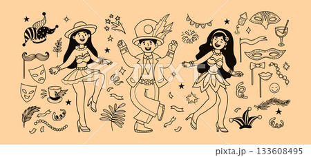 Carnival Cheerful Dancers Girls and Man in Costumes. Outline Party, Masquerade Celebration Doodle collection. Isolated Hand-drawn. Vector Illustration. Not AI Carnival Cheerful Dancers Girls and Man in Costumes. Outline Party, Masquerade Celebration Doodle collection. Isolated Hand-drawn. Vector Illustration. Not AI 133608495