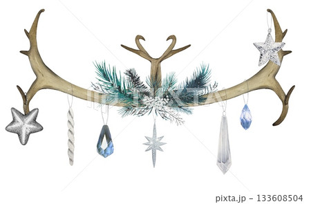 Hand drawn winter decor with deer antlers, spruce branches and ornaments. Watercolor illustration. 133608504