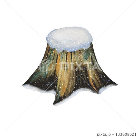 Hand drawn snow covered stump. Watercolor illustration. Perfect for winter forest scenes, woodland designs. 133608621