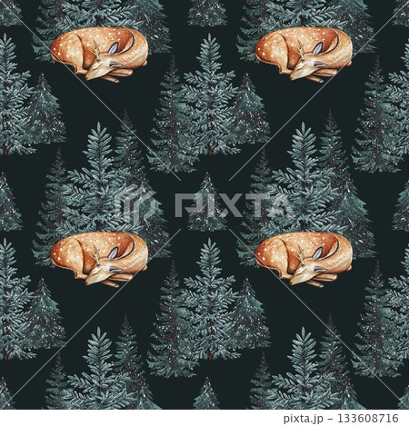 Hand drawn Christmas seamless pattern with deer, snowy trees. Watercolor illustration. 133608716