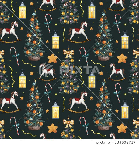 Hand drawn Christmas seamless pattern featuring a decorated fir tree, lanterns, a rocking horse, a candy cane, and stars. Watercolor illustration. 133608717