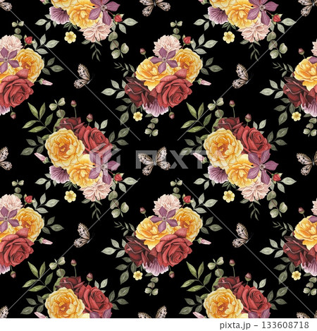 Floral seamless pattern with flowers. Yellow, red, white roses, dahlia, clementis, leaves. Hand drawn watercolor illustration 133608718