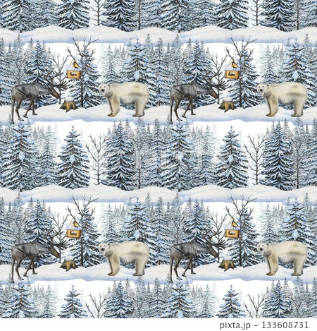 Winter seamless pattern with a bear and deer in a snowy forest. Watercolor illustration. 133608731