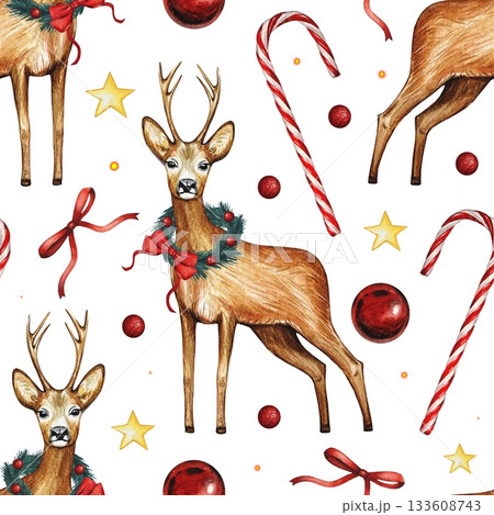 Hand drawn Christmas seamless pattern with deer, red Christmas balls, and candy canes. Watercolor illustration. 133608743