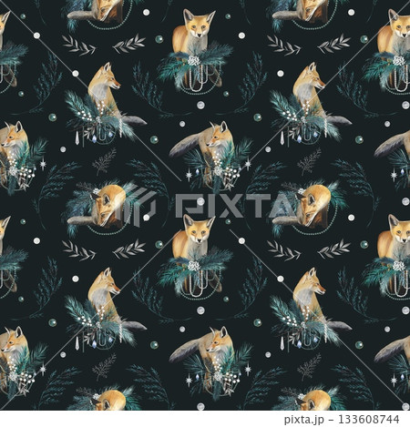 Seamless pattern with foxes and fir branches. Watercolor illustration. 133608744