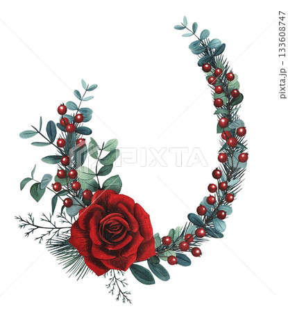 Hand drawn Christmas wreath with red rose, red berries, eucalyptus. Watercolor illustration. Hand drawn Christmas wreath with red rose, red berries, eucalyptus. Watercolor illustration. 133608747