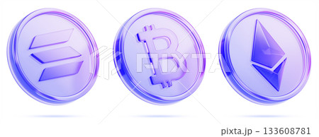 Glass holographic cryptocurrency set. Solana SOL, Bitcoin BTC and Ethereum ETH crypto coins. Digital currency, electronic money, virtual assets on blockchain technology, tokens NFT. 3D illustration Glass holographic cryptocurrency set. Solana SOL, Bitcoin BTC and Ethereum ETH crypto coins. Digital currency, electronic money, virtual assets on blockchain technology, tokens NFT. 3D illustration 133608781