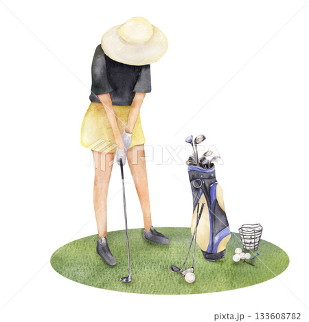 Watercolor girl playing golf with equipment illustration 133608782