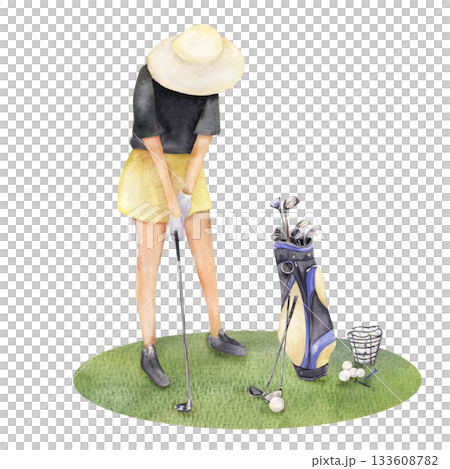 Watercolor girl playing golf with equipment illustration 133608782