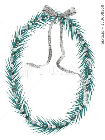 Hand drawn wreath of spruce branches and silver ribbon. Watercolor illustration. Hand drawn wreath of spruce branches and silver ribbon. Watercolor illustration. 133608859