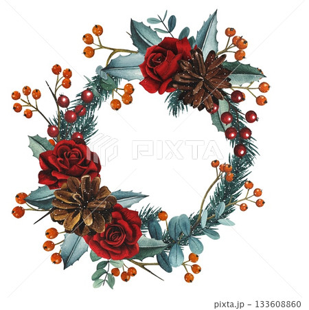 Hand drawn wreath of spruce branches, eucaluptus, red roses, red berries, fir cones. Watercolor illustration. Hand drawn wreath of spruce branches, eucaluptus, red roses, red berries, fir cones. Watercolor illustration. 133608860