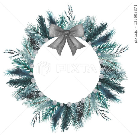 Hand drawn round frame of spruce branches, silver bow. Watercolor illustration. Perfect for winter invitations. 133608871