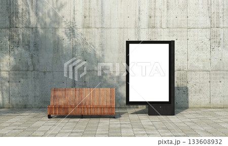 Blank Digital Billboard Mock up with Wooden Bench on Street. 3D Rendering. 133608932