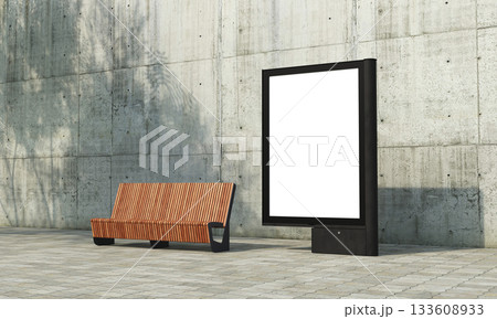 Blank Digital Billboard Mock up with Wooden Bench on Street. 3D Rendering. 133608933