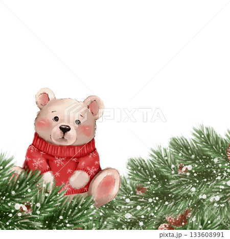 illustration of a charming hand-drawn teddy bear wearing a red snowflake sweater, sitting among pine branches illustration of a charming hand-drawn teddy bear wearing a red snowflake sweater, sitting among pine branches 133608991