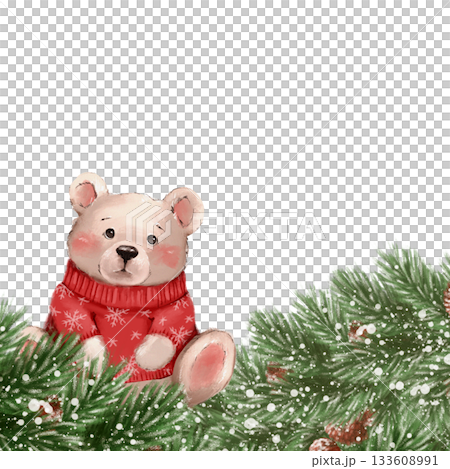 illustration of a charming hand-drawn teddy bear wearing a red snowflake sweater, sitting among pine branches 133608991
