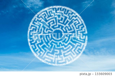 Circular cloud maze pattern is drifting in flat illustration sky, with scattered wispy clouds 133609003