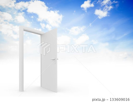 Flat design open white door frame is standing on white plane showing blue sky with clouds 133609016